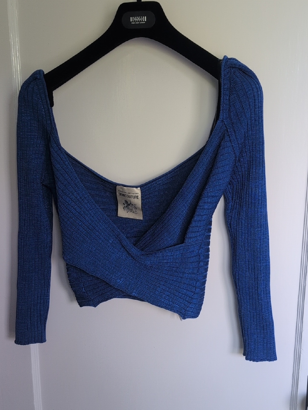 Blue Ribbed Wrap Crop Top deep V size S brand New